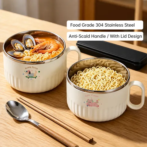 316L Stainless Steel Instant Noodle Bowl Student Dormitory Large Capacity Thermal Insulation Bowl With Lid Cute Cartoon Design