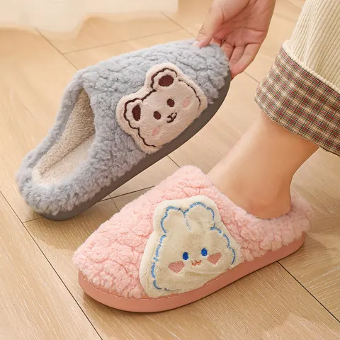 Plush House Slippers For Women Men Winter Warm Fuzzy Indoor Slippers Cute Cartoon Bear Rabbit Couple Slip On Home Shoes