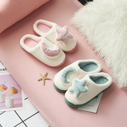 Winter Warm Plush Couple Cotton Slippers Cartoon Star Moon Indoor Home Shoes Soft Sole Non Slip Footwear