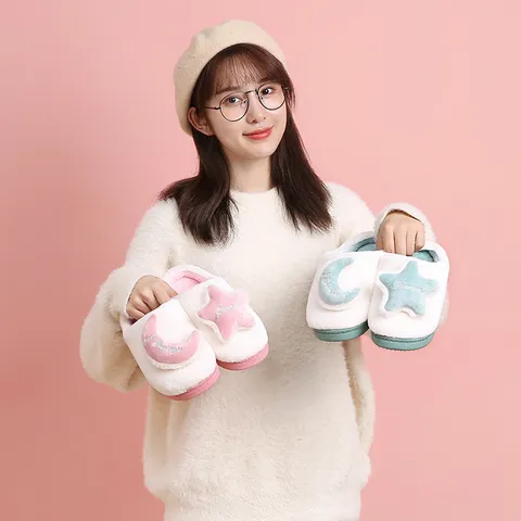 Winter Warm Plush Couple Cotton Slippers Cartoon Star Moon Indoor Home Shoes Soft Sole Non Slip Footwear