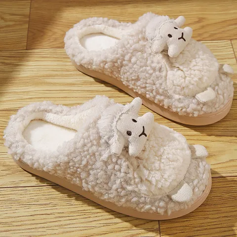 Winter Warm Plush Cotton Slippers For Women And Men Cute Cartoon Sheep Indoor Home Anti-Slip Couple House Shoes