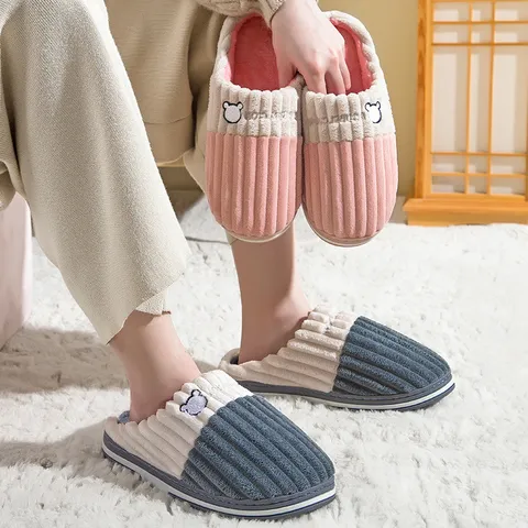 Unisex Winter Warm Cotton Slippers Cute Bear Embroidery Striped Plush Indoor Casual Home Shoes Anti-Slip Couple Slippers