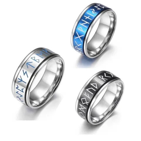 Men's Stainless Steel Rotatable Ring Nordic Viking Runic Symbols Luminous Vintage Titanium Steel Band Ring Fashion Jewelry