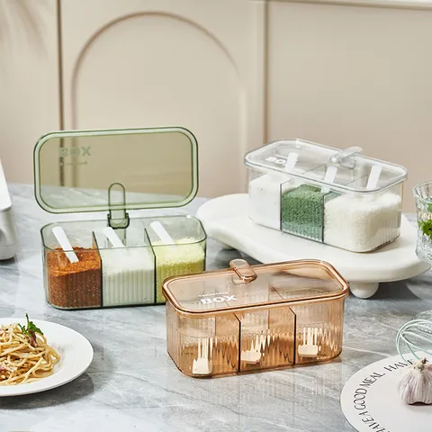 Kitchen Seasoning Box Set Multi Grid Transparent Condiment Jar Salt Pepper Storage Container With Spoons Household Kitchen Organizer