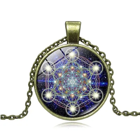 Sacred Geometry Time Gem Alloy Pendant Necklace Vintage Starry Sky Glass Dome Necklace Fashion Jewelry Gift