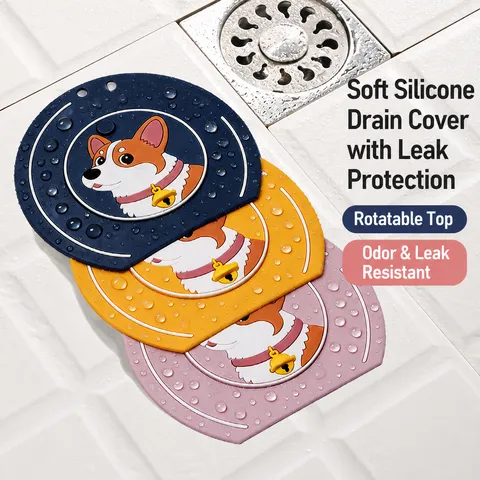 Cubierta de Drenaje de Piso de Silicona Desodorante Antiobstrucción Colador de Fregadero Lindo Diseño Corgi Tapa Giratoria Baño Cocina