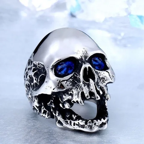 Punk Vintage Alloy Skull Ring For Men Gothic Big Skeleton Red Blue Green Rhinestone Statement Finger Ring Jewelry