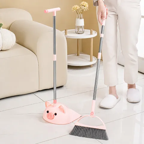 Household Broom And Dustpan Set Cute Pig Design And Stainless Steel Handle Soft Bristles Clean Dust And Hair From Floors Easily