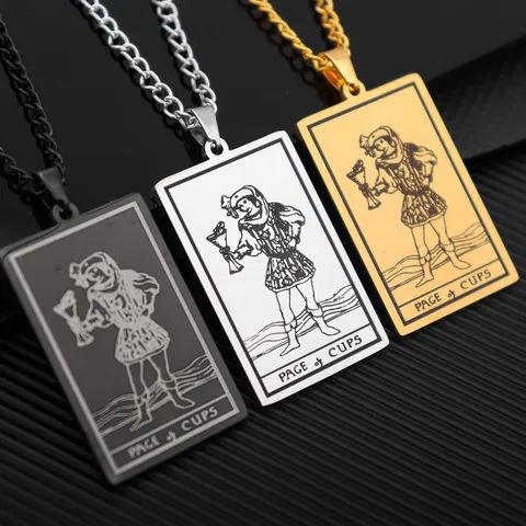 Men's Stainless Steel Page of Cups Tarot Card Pendant Necklace European Retro Hip Hop Punk Style Jewelry Gift For Men