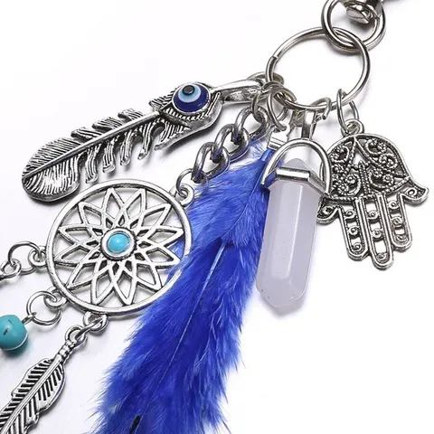 Bohemian Feather Turquoise Gemstone Palm Keychain Vintage Alloy Dream Catcher Bag Charm Pendant Jewelry Gift For Women