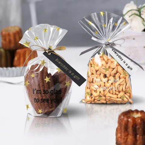 Transparent Stand Up Pouch Baking Packaging Bag For Canele Cake Biscuit Pastry With Gold Star Pattern