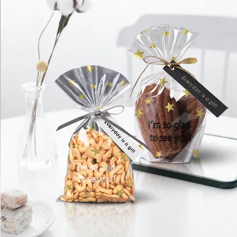 Transparent Stand Up Pouch Baking Packaging Bag For Canele Cake Biscuit Pastry With Gold Star Pattern