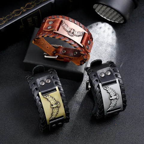Retro Punk Woven PU Leather Bracelet Eagle Totem Viking Wide Bangle Vintage Gothic Wristband Jewelry Gift
