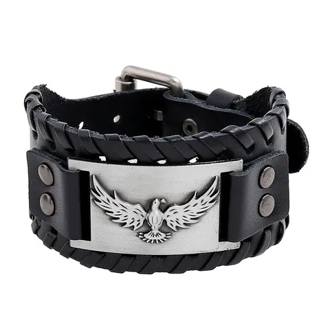Retro Punk Woven PU Leather Bracelet Eagle Totem Viking Wide Bangle Vintage Gothic Wristband Jewelry Gift