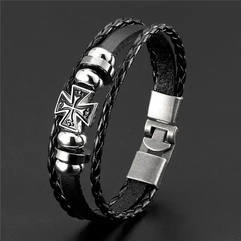 Herren Vintage Mehrschichtig Geflochtenes PU Leder Armband Retro Legierung Kreuz Anhänger Punk Armreif Mode Schmuck Geschenk