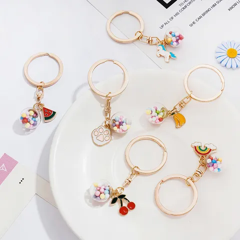 Cute Cartoon Metal Glass Ball Keychain Women Bag Hanging Ornament Creative Strawberry Pendant Key Ring Jewelry