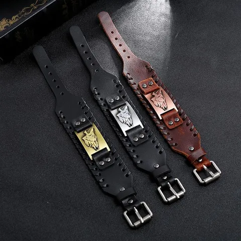 Mens Vintage Punk Braided Leather Bracelet Retro Wolf Head Alloy Metal Cuff Bracelet Fashion Jewelry Gift
