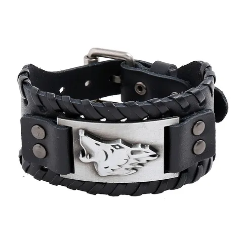 Mens Vintage Punk Braided Leather Bracelet Retro Wolf Head Alloy Metal Cuff Bracelet Fashion Jewelry Gift