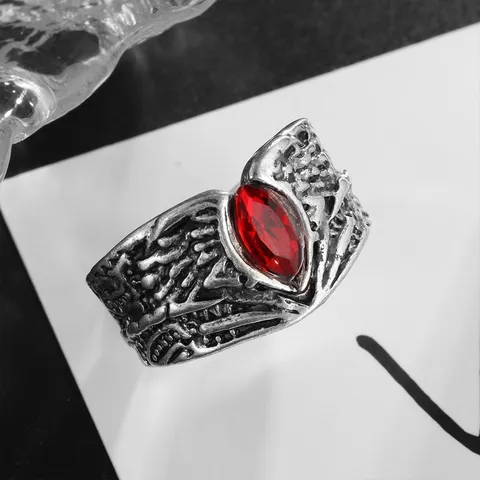 Vintage Punk Style Men Ring Retro Silver Plated Alloy Red Zirconia Marquise Stone Wedding Finger Jewelry Gift