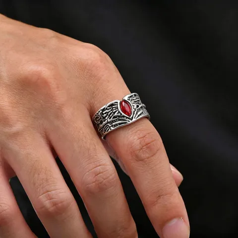 Vintage Punk Style Men Ring Retro Silver Plated Alloy Red Zirconia Marquise Stone Wedding Finger Jewelry Gift