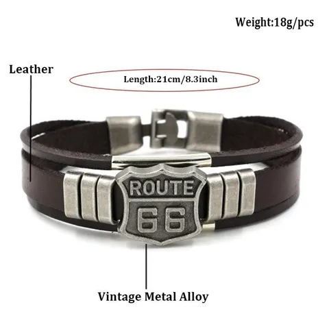 Men's Punk Vintage Multi-Layer PU Leather Bracelet Route 66 Shield Metal Charm Braided Wristband Fashion Jewelry Gift