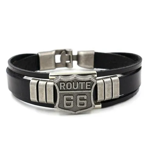 Men's Punk Vintage Multi-Layer PU Leather Bracelet Route 66 Shield Metal Charm Braided Wristband Fashion Jewelry Gift