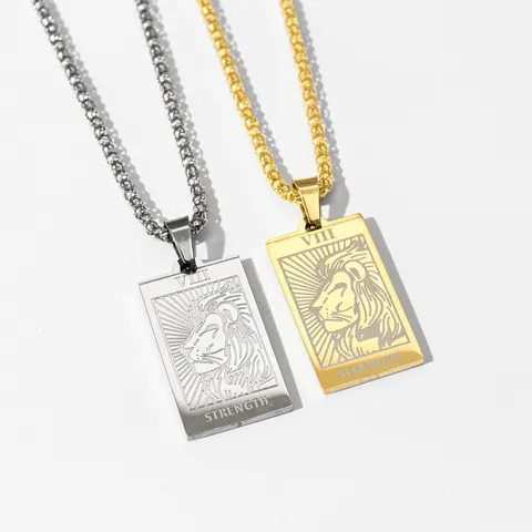 Gothic Stainless Steel Tarot Card Lion Pendant Necklace Vintage Punk Style Jewelry For Men And Women