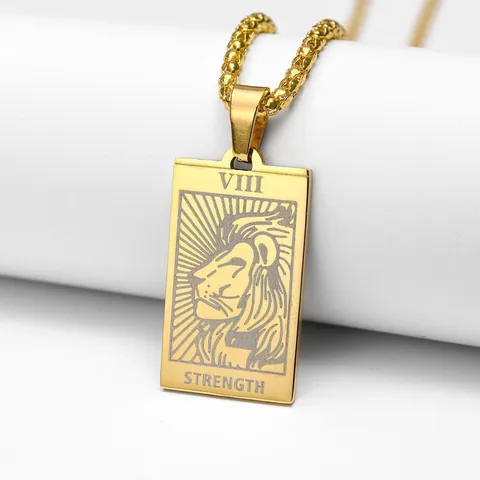Gothic Stainless Steel Tarot Card Lion Pendant Necklace Vintage Punk Style Jewelry For Men And Women