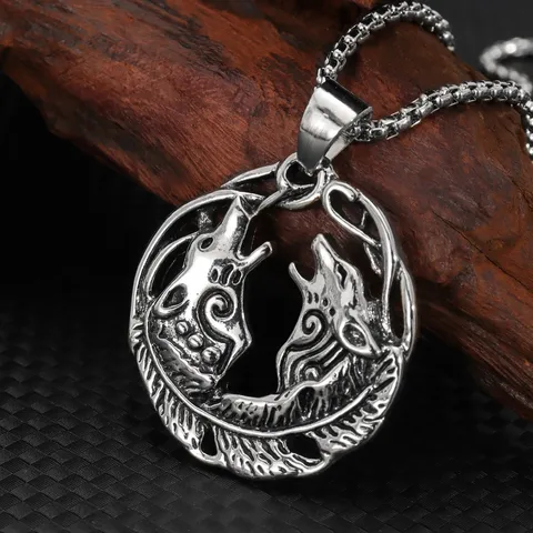 Herren Vintage Nordisch Viking Doppelter Wolfskopf Pendant Halskette Legierung Retro Wolf Totem Halskette Modeschmuck Geschenk