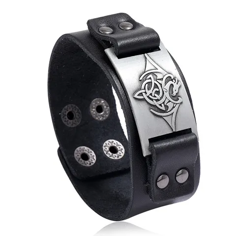 Men's Vintage Leather Bracelet Punk Rock Alloy Totem Wide Cuff Bangle Multi-Snap Adjustable Wristband