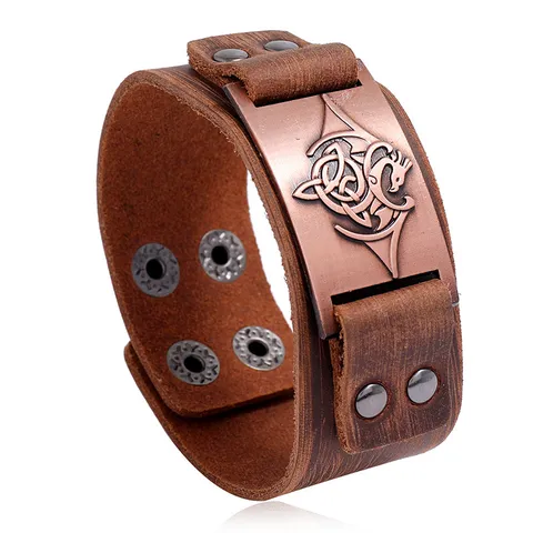 Men's Vintage Leather Bracelet Punk Rock Alloy Totem Wide Cuff Bangle Multi-Snap Adjustable Wristband