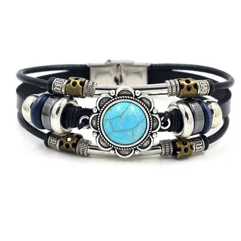 Dames Retro Meerlaagse PU Leer Gevlochten Armband Vintage Turkoois Steen Legering Bedels Mode Sieraden Cadeau