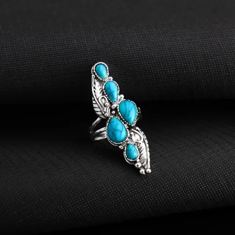 Bohemian Ethnic Feather Teardrop Turquoise Ring Vintage Silver Plated Alloy Ring Jewelry Gift For Women Men