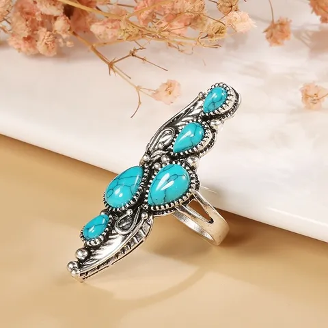 Bohemian Ethnic Feather Teardrop Turquoise Ring Vintage Silver Plated Alloy Ring Jewelry Gift For Women Men