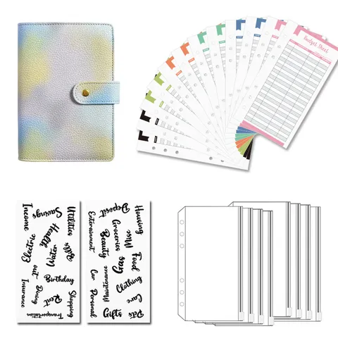 Quaderno ad Anelli in Finta Pelle Perlata Iridescente A6 Agenda per Budget con Buste e Tasche