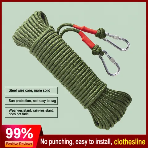 Outdoor Windproof Nylon Steel Wire Core Clothesline Heavy Duty Utility Binding Rope With Hooks For Camping Laundry Drying