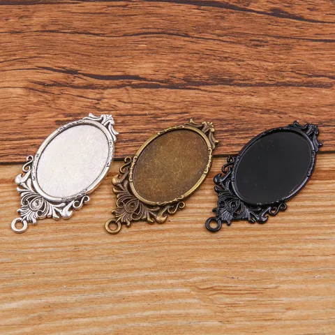 Vintage Oval Hollow Alloy Jewelry Pendant Base For Time Gem DIY Necklace Making Findings Antique Silver Bronze Black