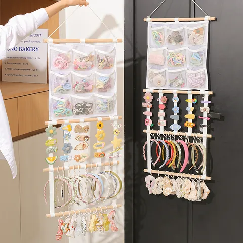 Kids Hair Accessories Storage Bag Hanging Wall Organizer Multi-Layer Mesh Pockets with Wooden Rod for Hair Clips Bows Headbands Room Decor