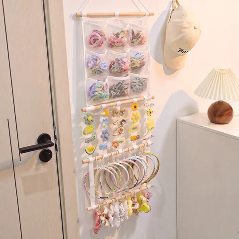 Kids Hair Accessories Storage Bag Hanging Wall Organizer Multi-Layer Mesh Pockets with Wooden Rod for Hair Clips Bows Headbands Room Decor