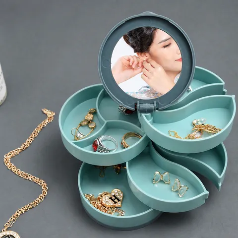 Boîte de Rangement de Bijoux Rotative en Plastique Étui de Rangement avec Miroir Support de Maquillage pour Boucles d'Oreilles Bagues et Colliers