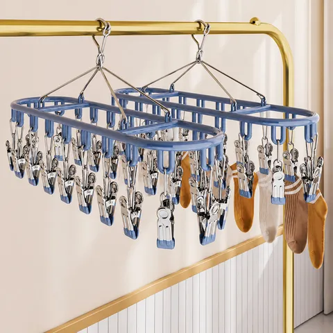 Stainless Steel Sock Drying Rack Multi-Clip Windproof Laundry Hanger Underwear Clothespin Storage Organizer Holder