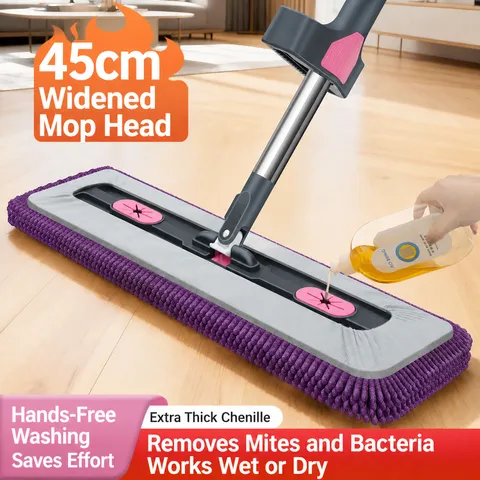 Chenille Vlakke Mop Handvrij Vloerreiniging Mop Met RVS Stang En Groot Paneel Voor Thuis Dagelijkse Vloerreiniging