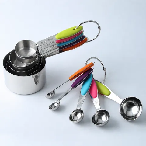 Juego de Tazas y Cucharas Medidoras de Acero Inoxidable 10 Piezas Herramientas de Medición para Repostería con Mango de Silicona