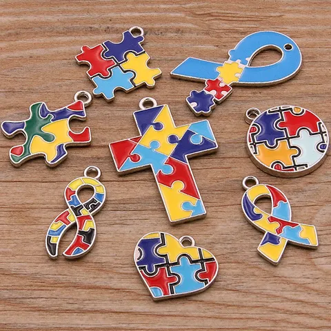 DIY Alloy Enamel Puzzle Charms For Jewelry Making Autism Awareness Ribbon Heart Round Shape Drip Oil Pendants Findings