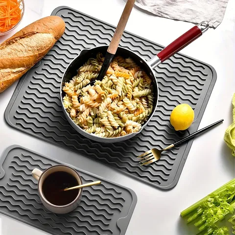 Silicone Dish Drying Mat Waterproof Countertop Protector Heat Resistant Non Slip Wavy Drainage Placemat For Kitchen