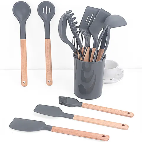 Set di Utensili da Cucina in Silicone Con Manico in Legno Spatola Resistente al Calore Cucchiaio da Zuppa Frusta Contenitore