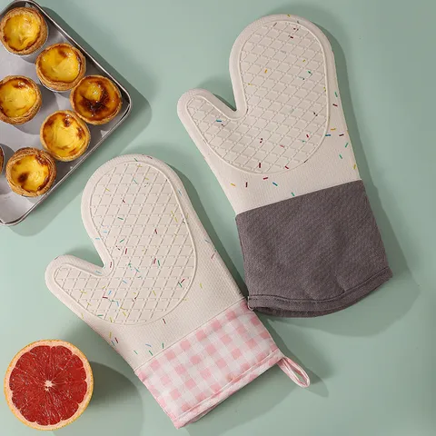 Hittebestendige Siliconen Ovenhandschoenen Verdikke Keuken Anti-Brand Handschoenen Met Katoenen Ruitjes Manchet Antislip Bakhandschoenen