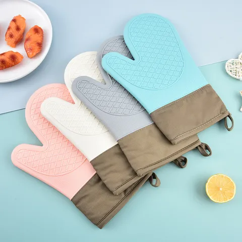 Heat Resistant Silicone Oven Mitts Quilted Thickened Insulated Baking Gloves With Cotton Cuff For Kitchen Cooking