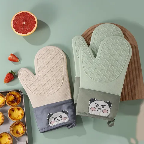 Guanti da Forno in Silicone e Cotone Ispessiti Guanti da Cottura in Twill Resistenti al Calore Presina da Cucina con Motivo Orsetto Carino