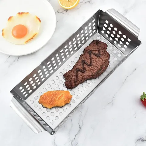 Stainless Steel Vegetable Grill Basket Rectangular BBQ Grill Pan with Dual Handles for Outdoor Cooking Baking